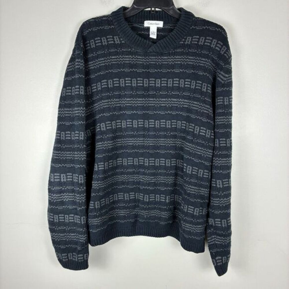 Calvin Klein‎ Men’s Pullover Sweater Knit Sz L Gray Black Geo Print Grandpacore